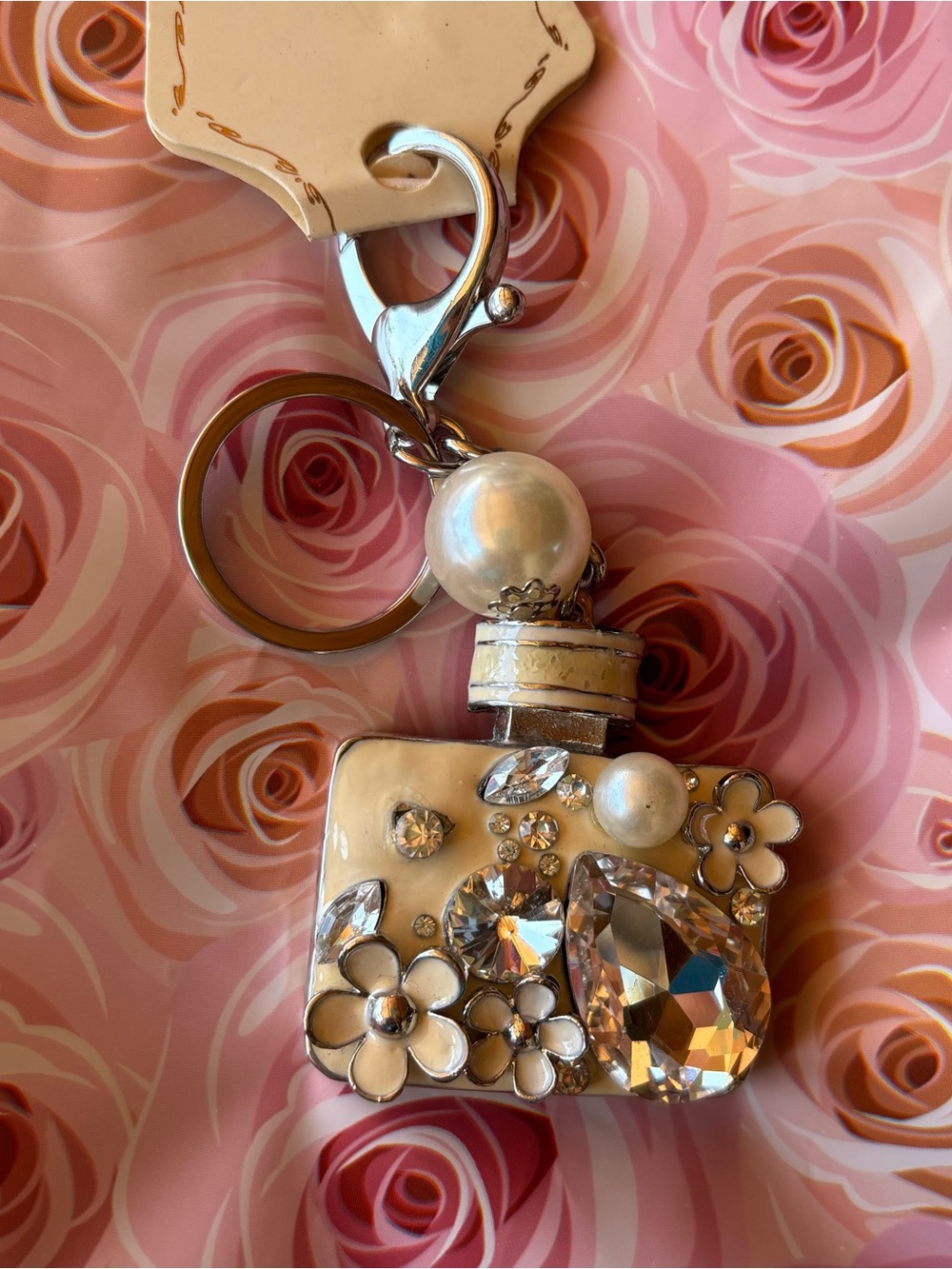 Crystal Floral Cream Perfume Bottle Keychain - Women Accessories